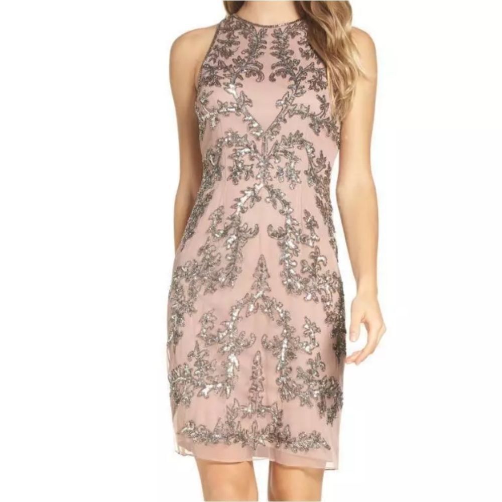 Adrianna Papell Embellished Chiffon Sheath Cocktail Dress Size 8